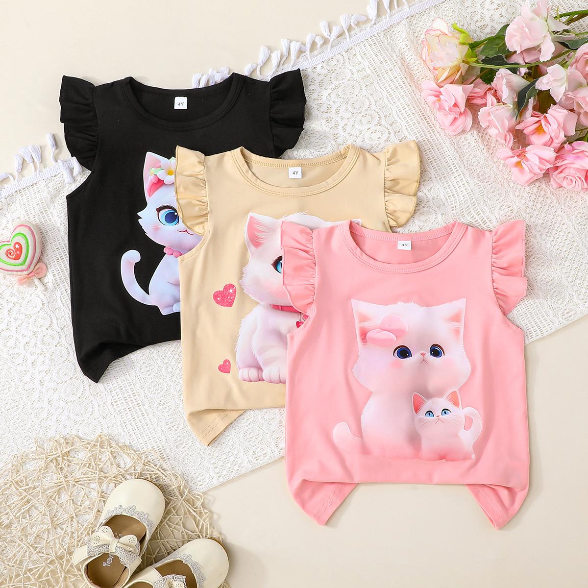 

Girls Cat Print Flutter Sleeve Tee, Cute Kitten Graphic Casual Top 2-3Y жевательная резинка