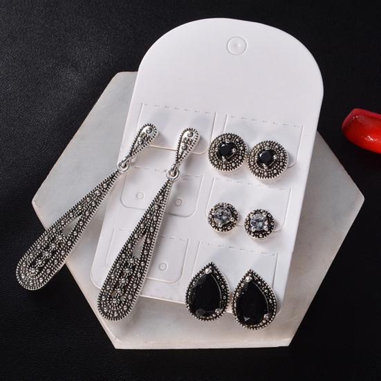 4Pair Antique Teardrop Round Rhinestone Carved Dangle Stud Earrings Jewelry Gift