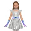 Girls Alien Cosplay Dress Metallic Hollow Out Flying Sleeve Back Zipper Ruffled Dress Gloves Robot Outfit