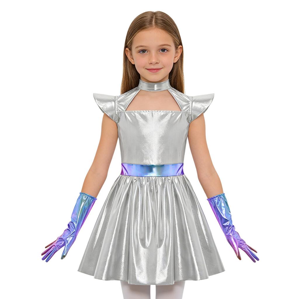 Girls Alien Cosplay Dress Metallic Hollow Out Flying Sleeve Back Zipper Ruffled Dress Gloves Robot Outfit