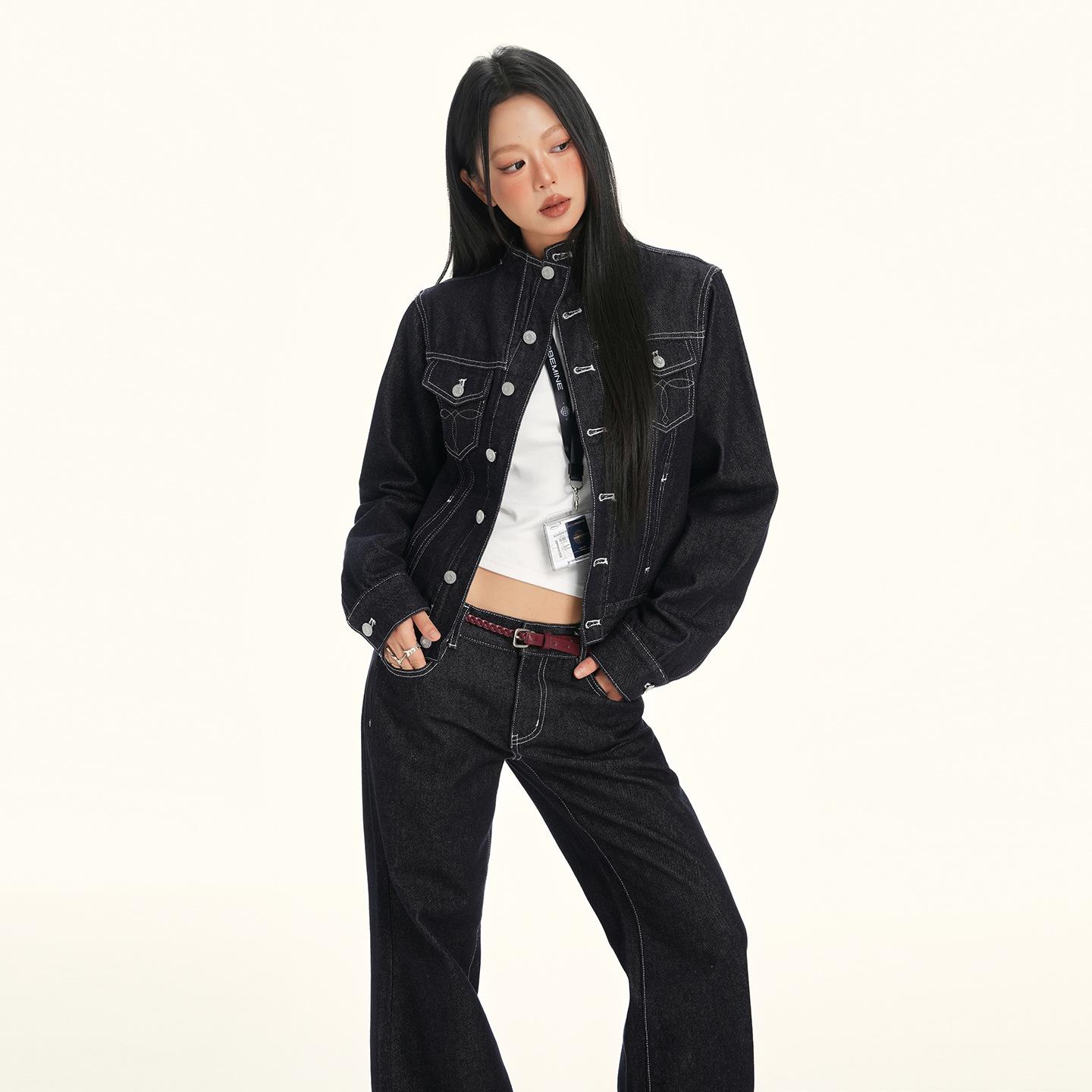 

Молодежная Оригинальная Джинсовая Куртка с Контрастной Отстрочкой и Рукавами Реглан - Женский Стройнящий Универсальный Модный Топ Large