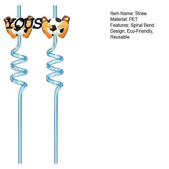 Reusable PET Straw 2Pcs Soccer Theme Spiral Straws, Curved Drinking Washable Straws with Football Charm, World Mug Party Beverage Decor Bendable