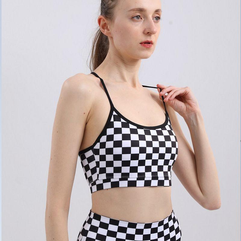 

New Sports Underwear Women s Vest Style Nude Feel Breathable Push up Fitness Running Yoga Clothes Backless Bra Fixed Cup S(Quality Edition) Black checkerboard