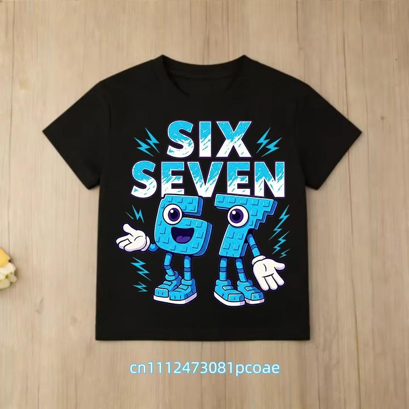 summer short sleeve, cartoon print 2026 personalized digital 67 T-shirt for boys and girls, family style, casual top
