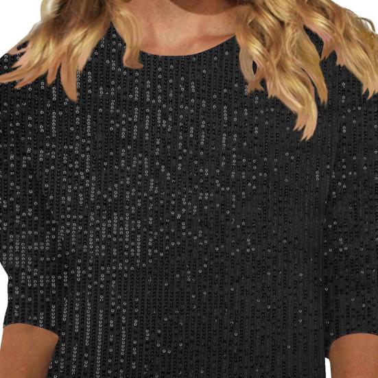 Women Tops Slim Fit Sequin Embellished Round Neck 3/4 Sleeves T-Shirt Loose Fit Solid Color Pullover Tops Daily Wear