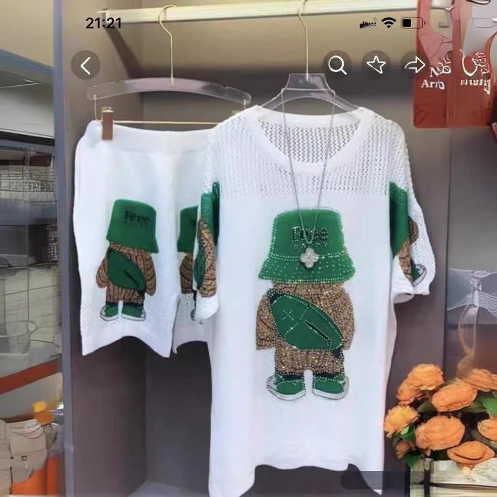 Plus Size Women's Summer Bear Print Knitted Two-Piece Shorts Suit