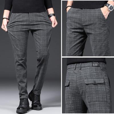 Podzim a zima pánské ležérní kalhoty Slim Fit strečové nohy Pánské kalhoty korejského stylu kostkované ležérní dlouhé kalhoty velké velikosti