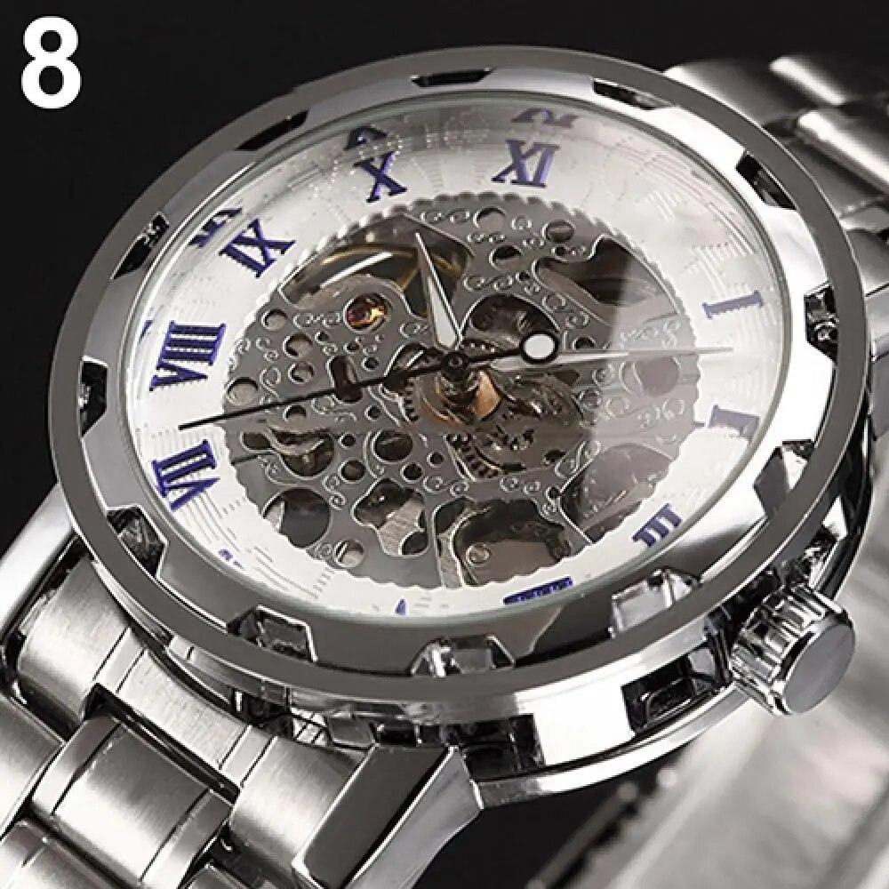 Men Skeleton Roman Numerals Hollow Dial Stainless Steel Band Mechanical Watch Fashion Men's Business Watch