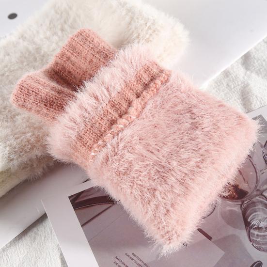 1 Pair Winter Ladies Gloves Half-finger Thick Plush Knitted Stretchy Touchscreen Wrist Protection Keep Warm Office Typing Student Writing Gloves