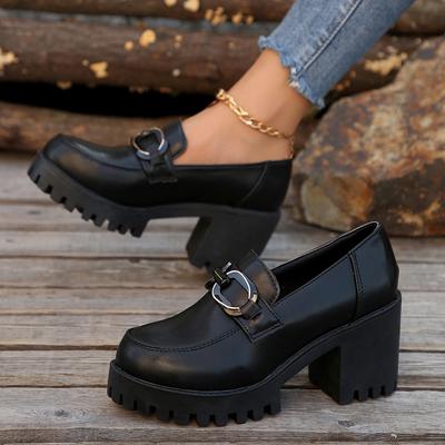 Famous Brand Soft Leather Black Shoe Woman Block Pumps Platform Shoes Model Office Work High Heels Grace Walking Shoes