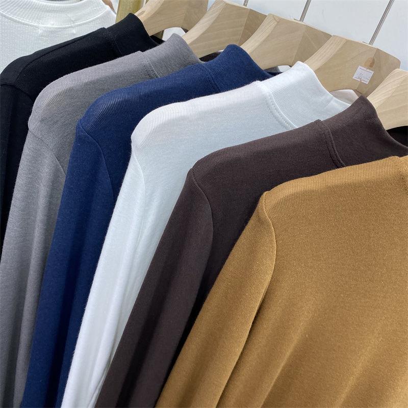 Solid Color Versatile Half High Neck Long Sleeve T-shirt Women's Spring New Bottom Shirts Top