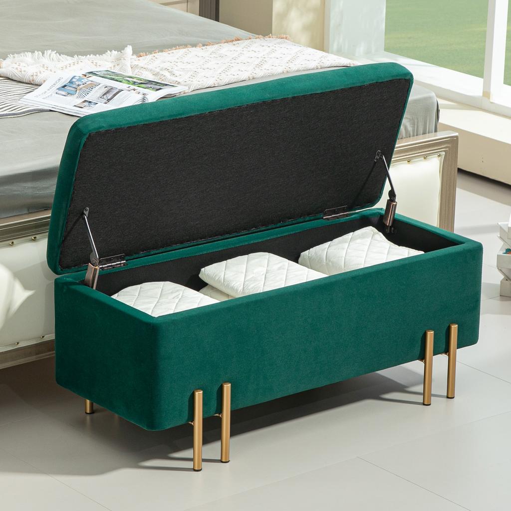 Bench, Upholstered Bench with Storage, Metal, Rubberwood, Foam, 100 x 40 x 42 cm, Green