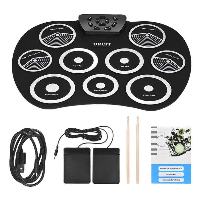 Electronic Drum Pads, 9 Pads Rolls Up Practice Drum Set Built-in Speaker and Headphone Jacks, Drum Sticks and Drum Pedal