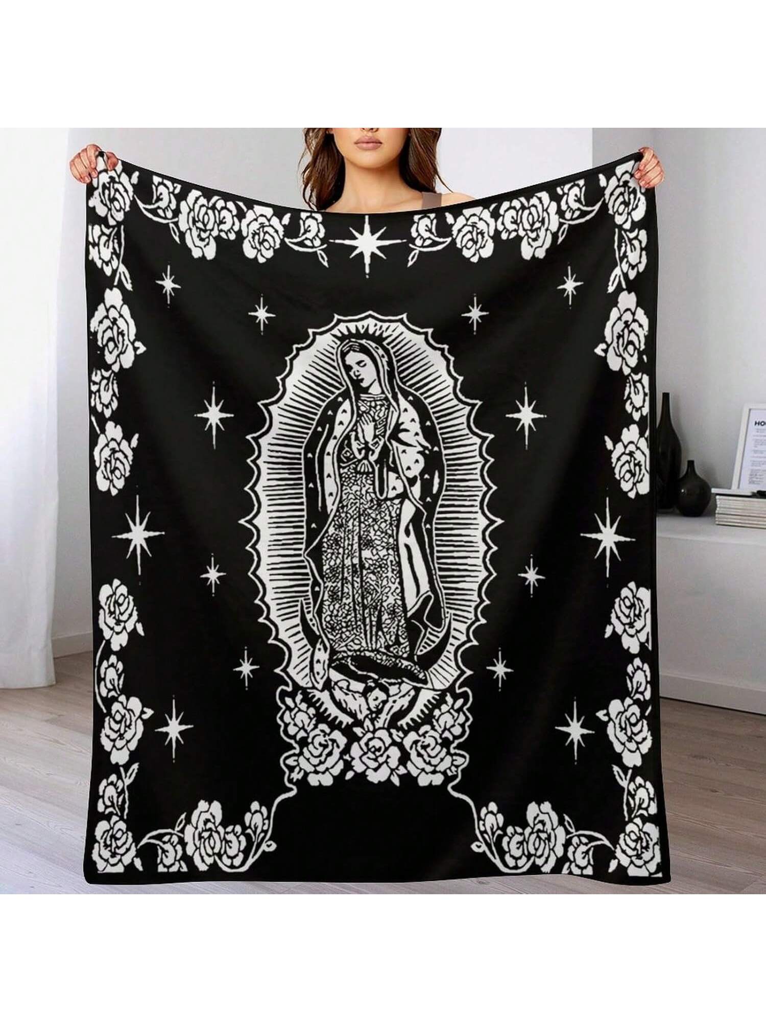 

Virgin Mary Throw Blanket Our Lady Of Guadalupe Blanket Virgen De Guadalupe Comfortable And Warm Flannel Blanket For Bedroom 75X95CM сірий колір