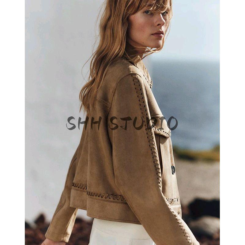 Spring Women clothes Lapel Long sleeve Woven Details Decorative Suede Texture Effect Jacket 6318037