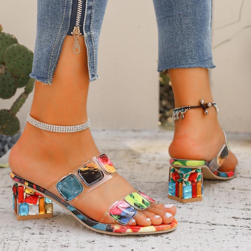 Summer New Women's Shoes Fashionable Color Matching Women's Thick Heel Slippers Large Size Open Toe Casual Women's High Heels