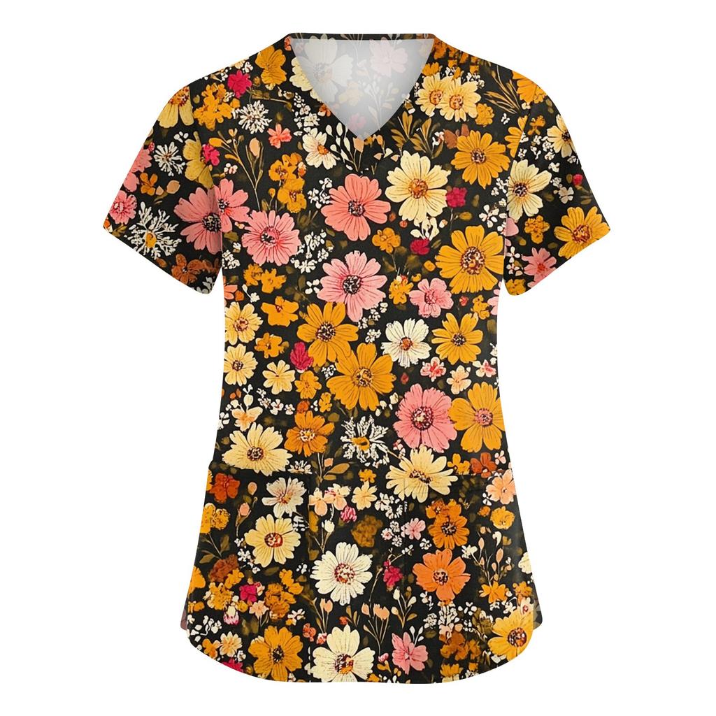 Damen Modische V-Ausschnitt Arbeitskleidung Bedruckt Kurzärmlig Tasche Seitenschlitz Arbeitskleidung Basic Pullover Top