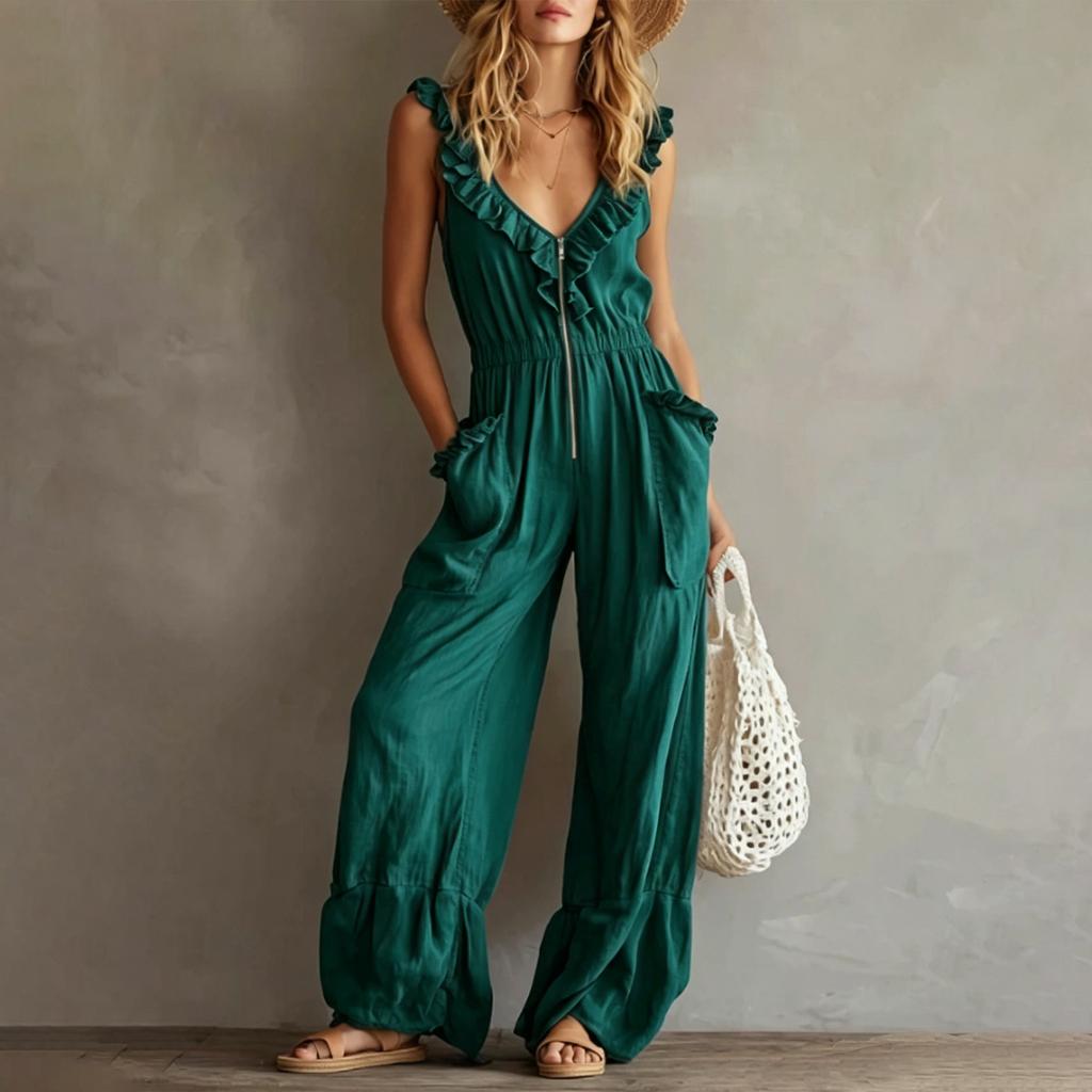 Women's Sleeveless V Neck Jumpsuit with Zipper Front Pockets Ruffle Details Wide Leg Casual Vintage Style Romper
