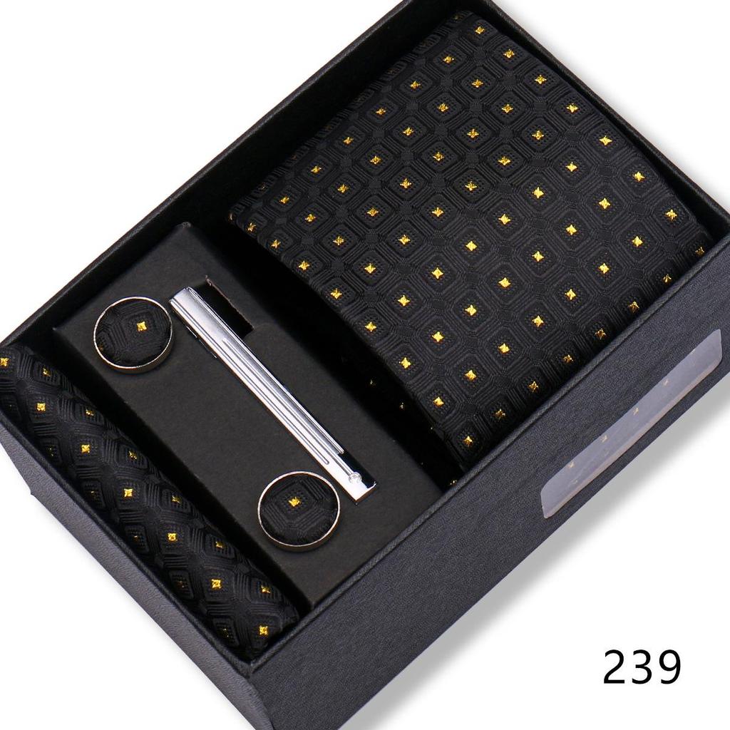 Men's Black & Wine Red Striped Plaid Tie Set with Pocket Square - Formal Wedding Gift Box