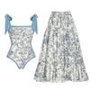 New Double-Sided European & American Chiffon Print Swimsuit Set: Women's One-Piece with Conservative Wrap Skirt