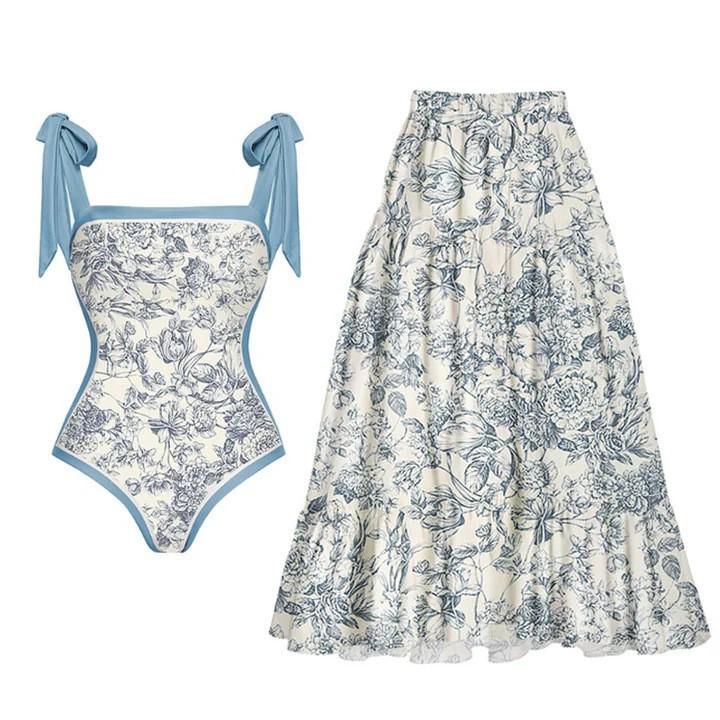 New Double-Sided European & American Chiffon Print Swimsuit Set: Women's One-Piece with Conservative Wrap Skirt