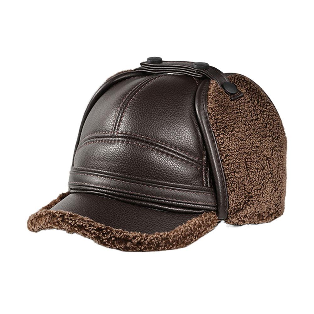 High Quality PU Leather Men's Earmuffs Cap Windproof Thickened Baseball Cap Outdoor Warm Ear Protection Hat Autumn Winter