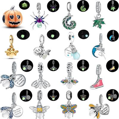 Ajuste Abalorios Pandora Pulsera 925 cobre Fantasma que brilla en la oscuridad Calabaza Luciérnaga Bombilla Insecto Cuentas Colgante Luminoso Zircón