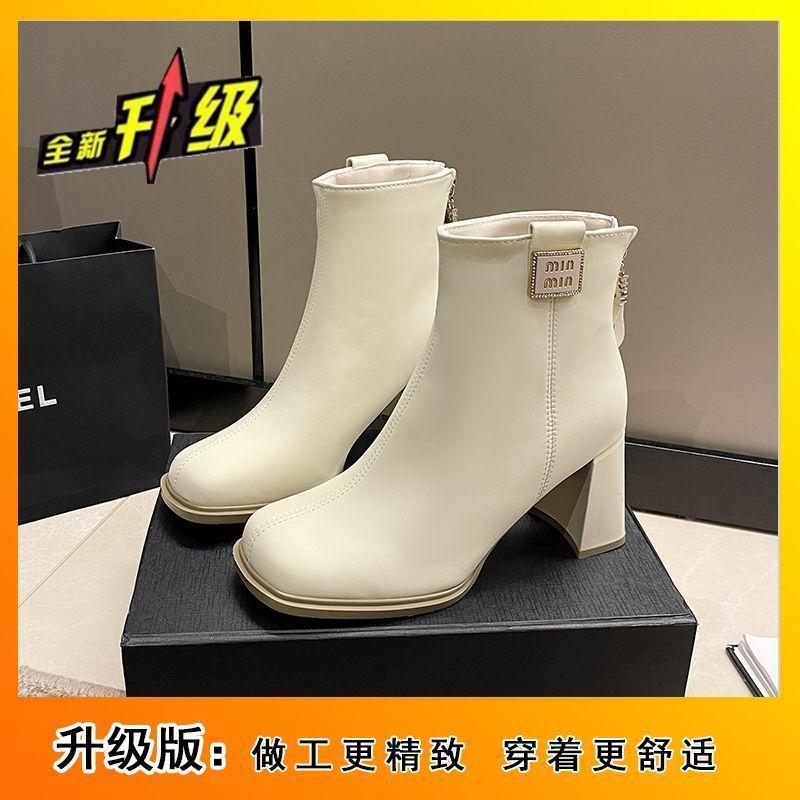 French thick heel fashion boots Martin boots 2025 autumn and winter new high heels thin boots white small short boots women