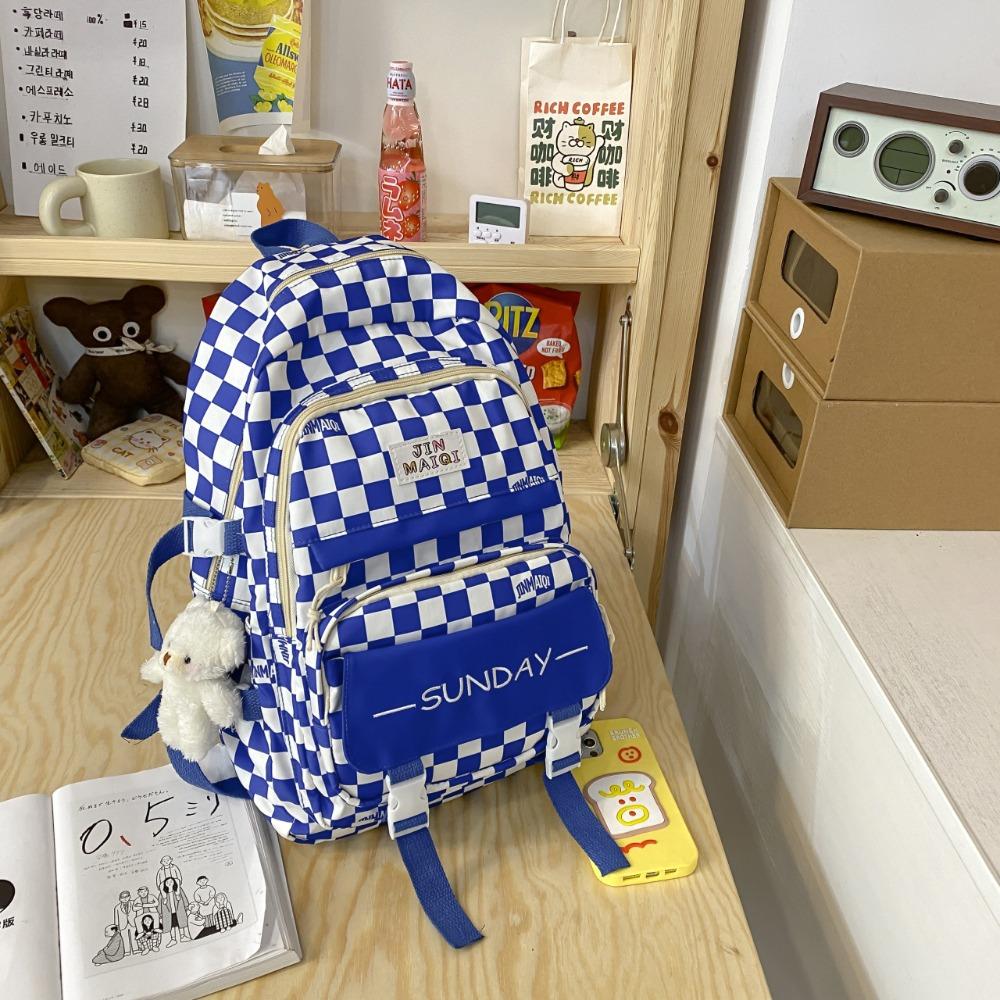 Girls Backpack Korean Version Checkerboard Color Matching Light Leisure Backpack Campus Large Capacity Junior High School Student Schoolbag