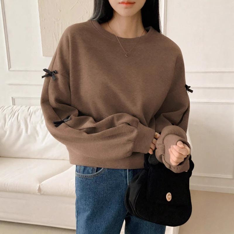 

Autumn Winter Bow Detail Crew Neck Sweatshirt Women Casual Loose Long Sleeve Top S верблюд