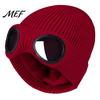 Outdoor Skiing Headwear Knitted Hat with Goggles, Unisex Winter Hat, Fleece Lined, Windproof Stylish Streetwear Warm Skull Cap for Cycling Street