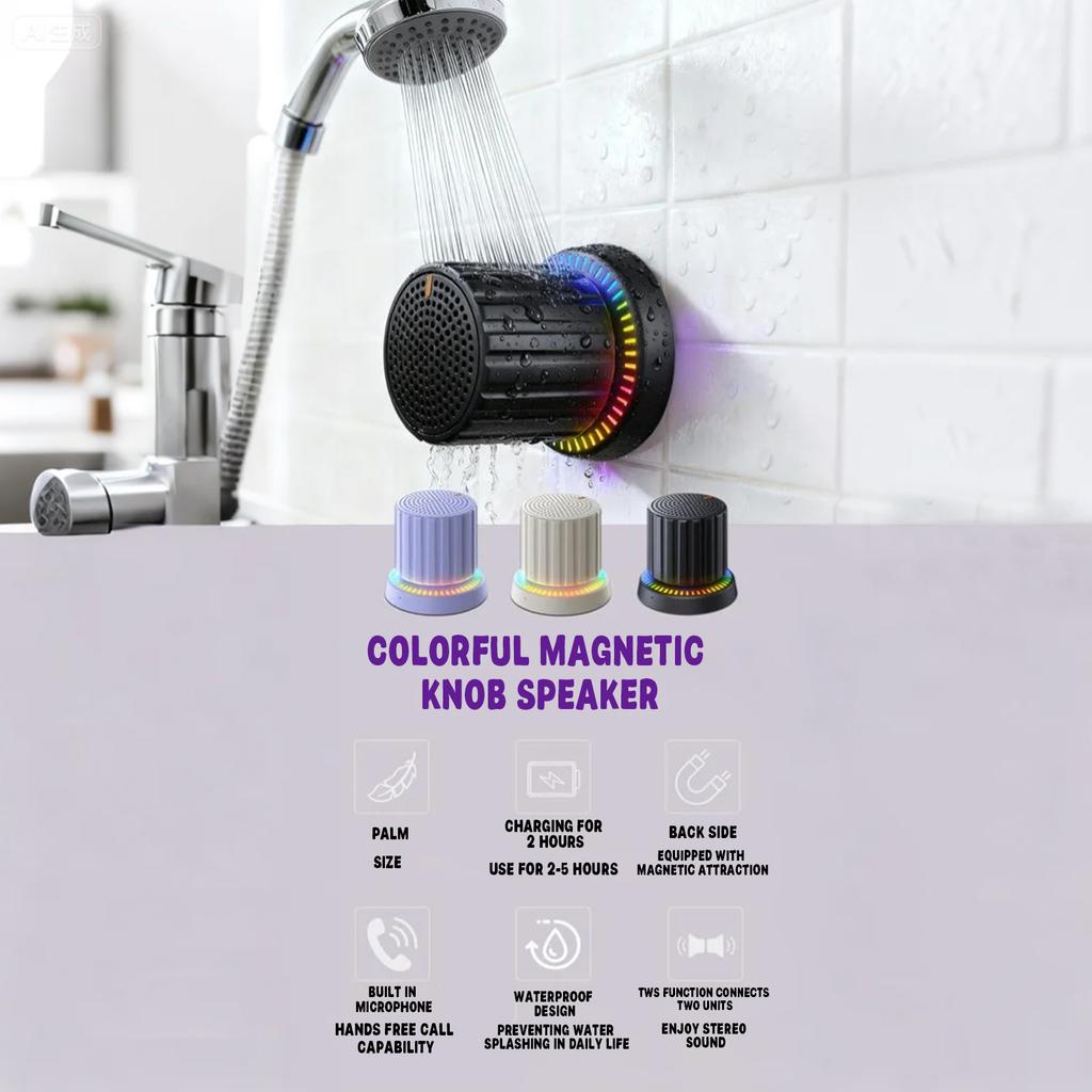 Magnetic Water Proof Bluetooth Speaker With Lighting,small Wireless Speaker ,volume Knob & 360° Sound. Portable For Home, Outdoors & Bathroom