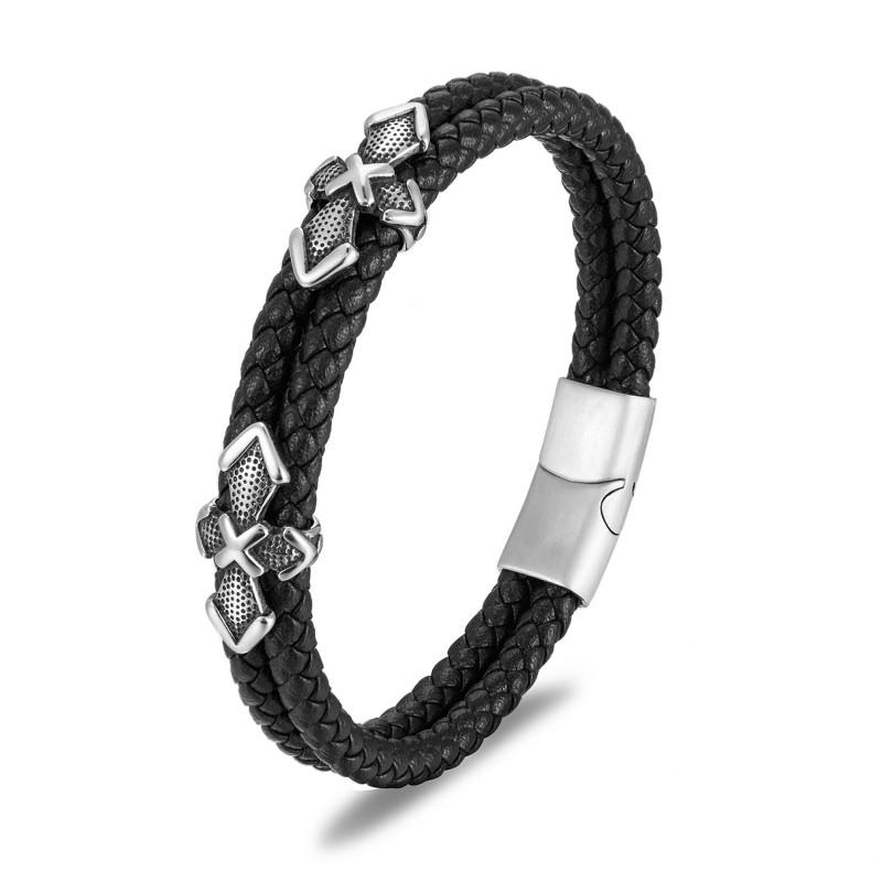 Stainless Steel Magnetic Clasp Braided Leather Bracelet Men Minimalist Multi-Layer Geometric Design