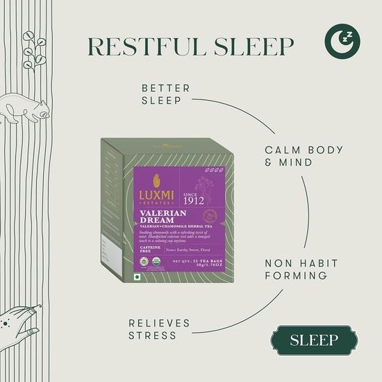 LUXMI Estates Sleep Tea With Valerian Root - 25 Herbal Tea Bags (50g) | With Chamomile, Lavender & Valerian Root |  Relaxation, Restful