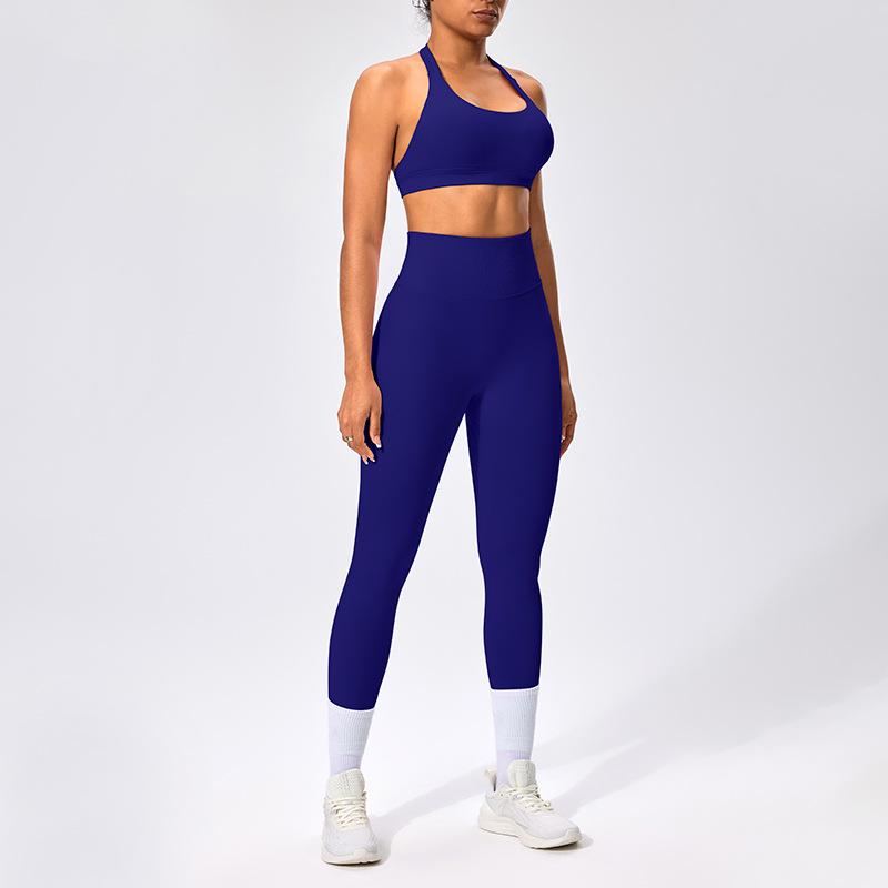 European & American Halter Neck Backless Sports Bra and High-Elastic Seamless Fitness Leggings Yoga Set for Women