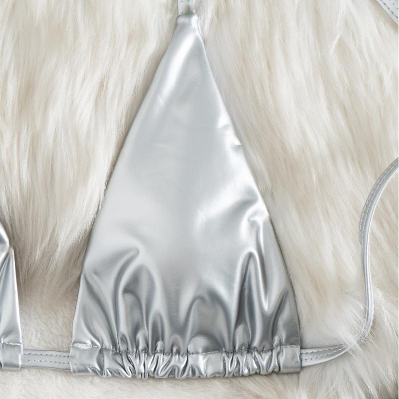 Women's Swimsuits Sexy Solid Color Leather Halter Neck Side Lace Bikini Split Set Beachwear Bathing Suits