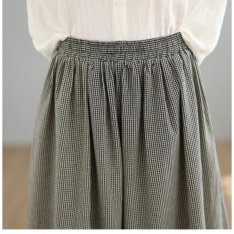 DIMANAF 2026 Summer Beach Plus Size Long Pants Women Plaid Black Elastic Waist Loose Vintage Casual Trousers Pants Print Bottoms