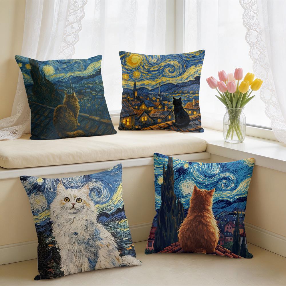 Van Gogh Starry Night Cat Cushion Cover Square Short Plush Pillow Case Living Room Sofa Home Decor Funda X