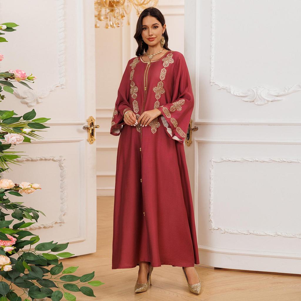 Middle Eastern Floral Embroidered Muslim Jalabiya Robe, Dubai Dress