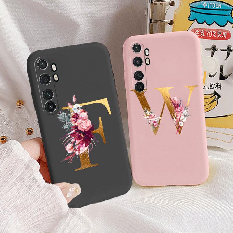 Letter Case For Xiaomi Mi Note 10 Lite Back Cover Retro Flowers Pink Black Soft TPU Initial Fundas For Xiaomi Note10 Lite Coque