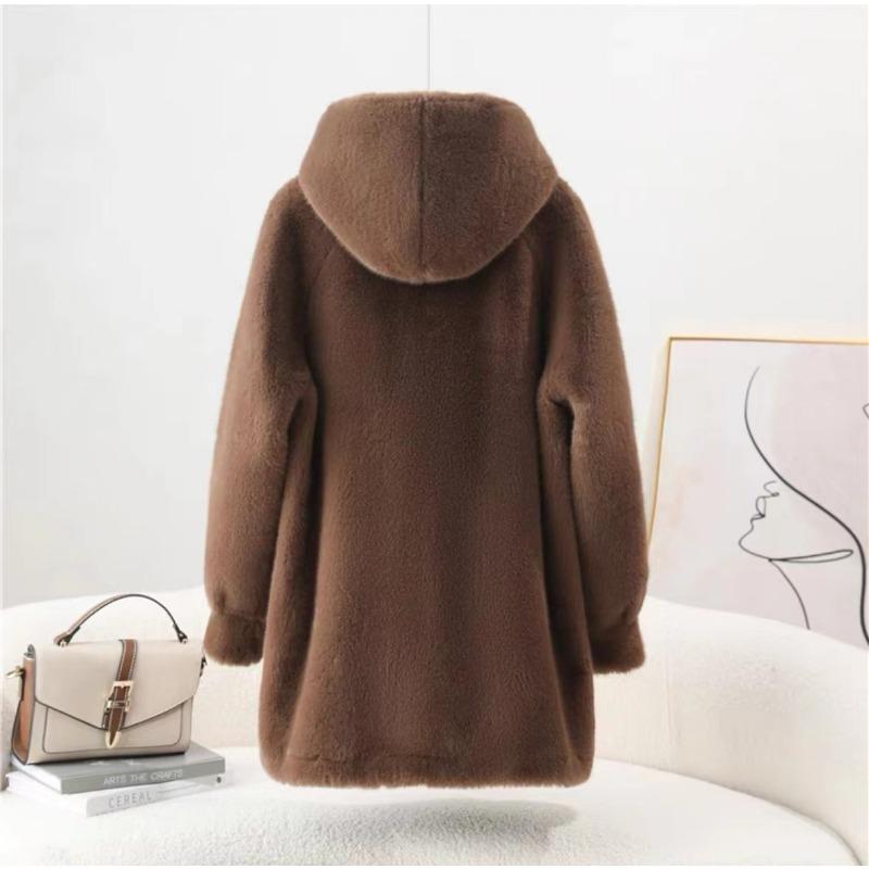 Autumn and Winter Women's Fur One-piece Faux Fur Hooded Mid-length Coat