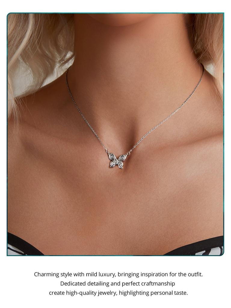 BAMOER 925 Sterling Silver Rose Butterfly Necklace Romantic Love Necklace Plated White Gold for Women Fine Jewelry