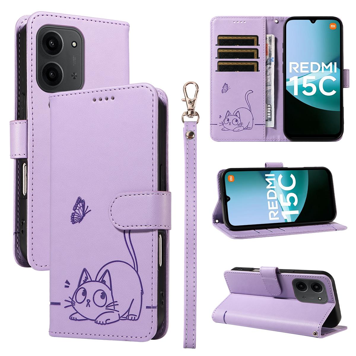 

Для Xiaomi Redmi 15C 4G (173мм) Чехол Кошачий узор Тиснение Кожаный Чехол для телефона с ремешком на запястье Purple