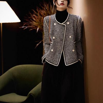 Elegant French Wool-Blend Tweed Double-Breasted Jacket for Women