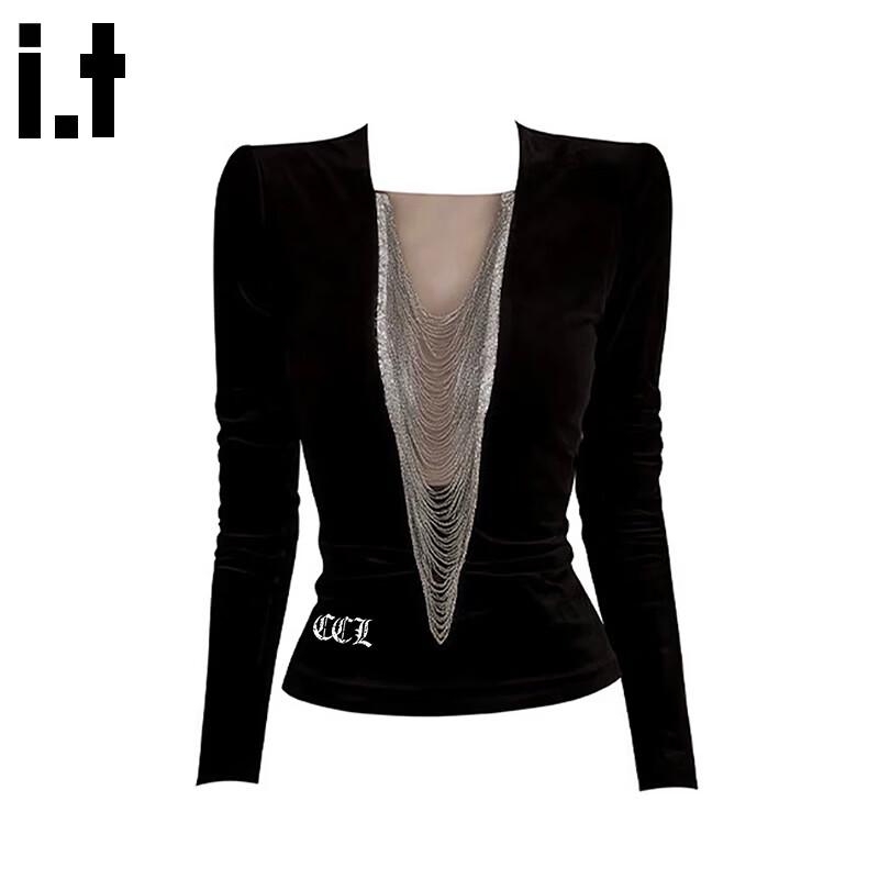 CHOCOOLATE Women s V-Neck Chain Detail Slim Fit Long Sleeve T-Shirt M