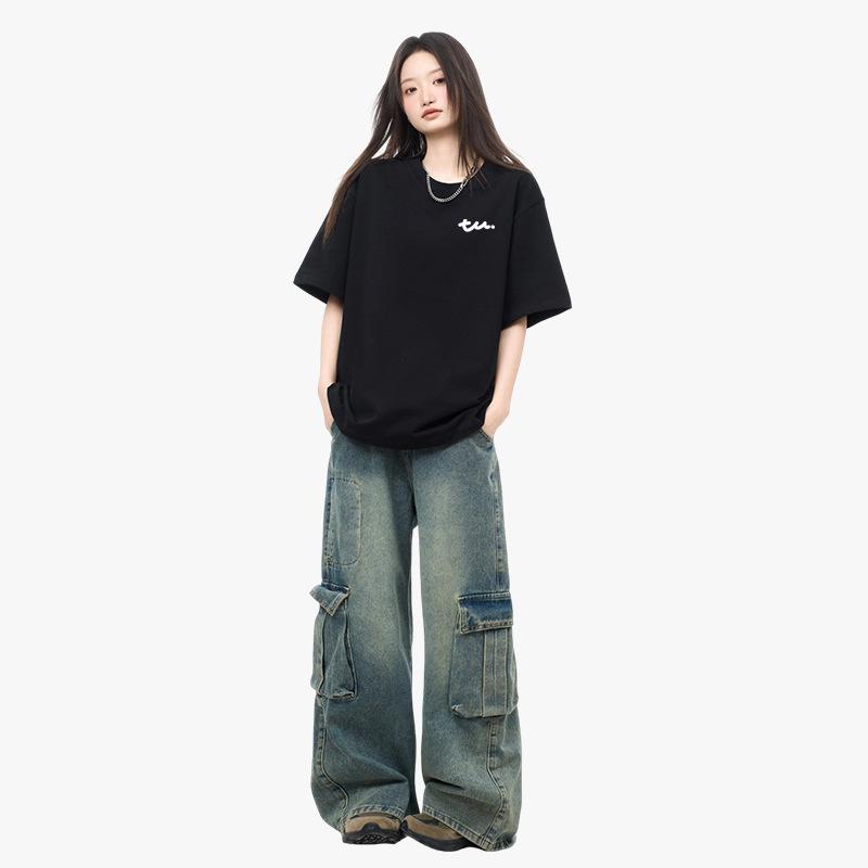 Japanese Minimalist Women's TU Print Cotton T-Shirt - Loose Short Sleeve, Round Neck, Trendy and Versatile Summer Top