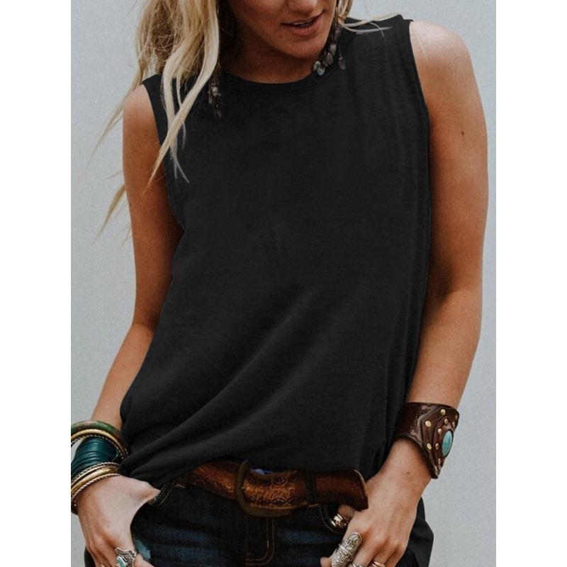 

Жіночі модні повсякденні літні весняні одноколірні блузки та сорочки без рукавів із круглим вирізом із принтом YYFS XXL чорний