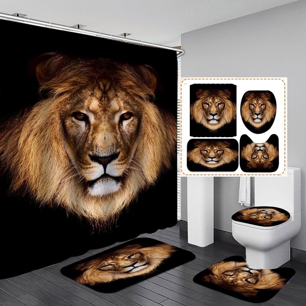 Seturi de perdele de duș din seria Lion 4 buc pentru baie Covoare de baie antiderapante Capac capac de toaletă Covoraș de baie