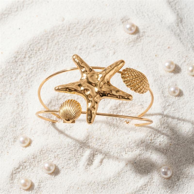 Bohemian Double Shell Upper Arm Cuff Bracelet Bangle for Women Exaggerated Starfish Armlet Summer Vacation Jewelry Gifts