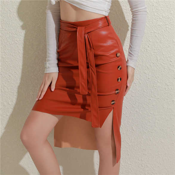 Ladies Sexy Lace-Up Leather Skirt Party Dress Fashion Solid Color Casual Bodycon Midi Skirt
